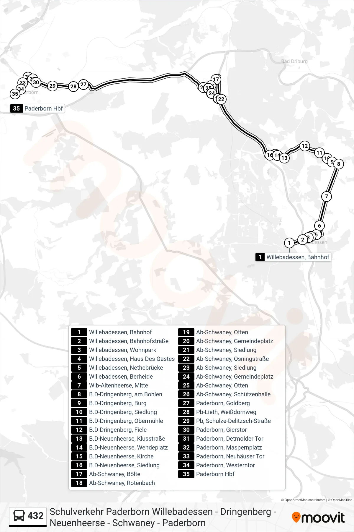 Linie 432 (Bus) Richtung Paderborn Hbf Bstg B: Route und Haltestellen auf der Karte