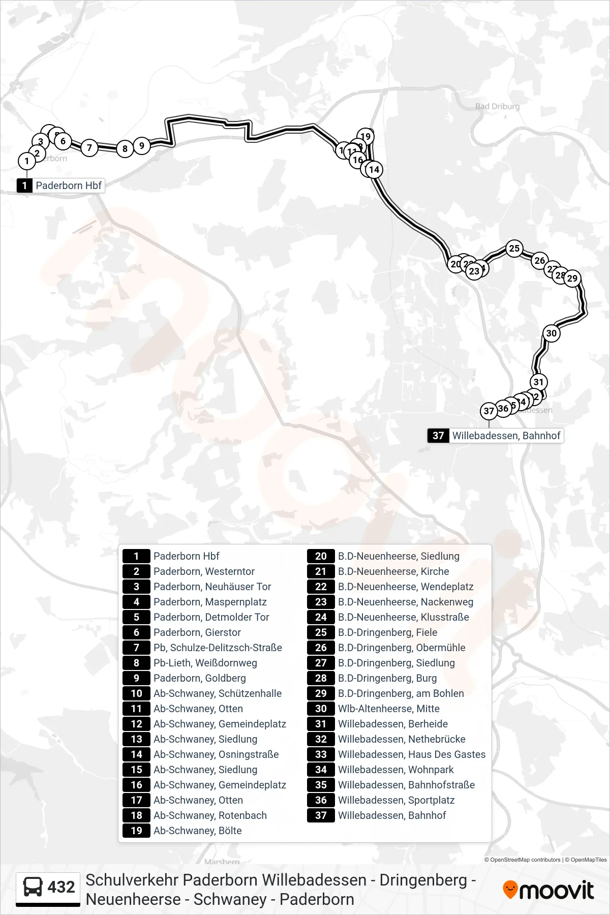 432 bus Line (Willebadessen, Bahnhof) route and stops on a map