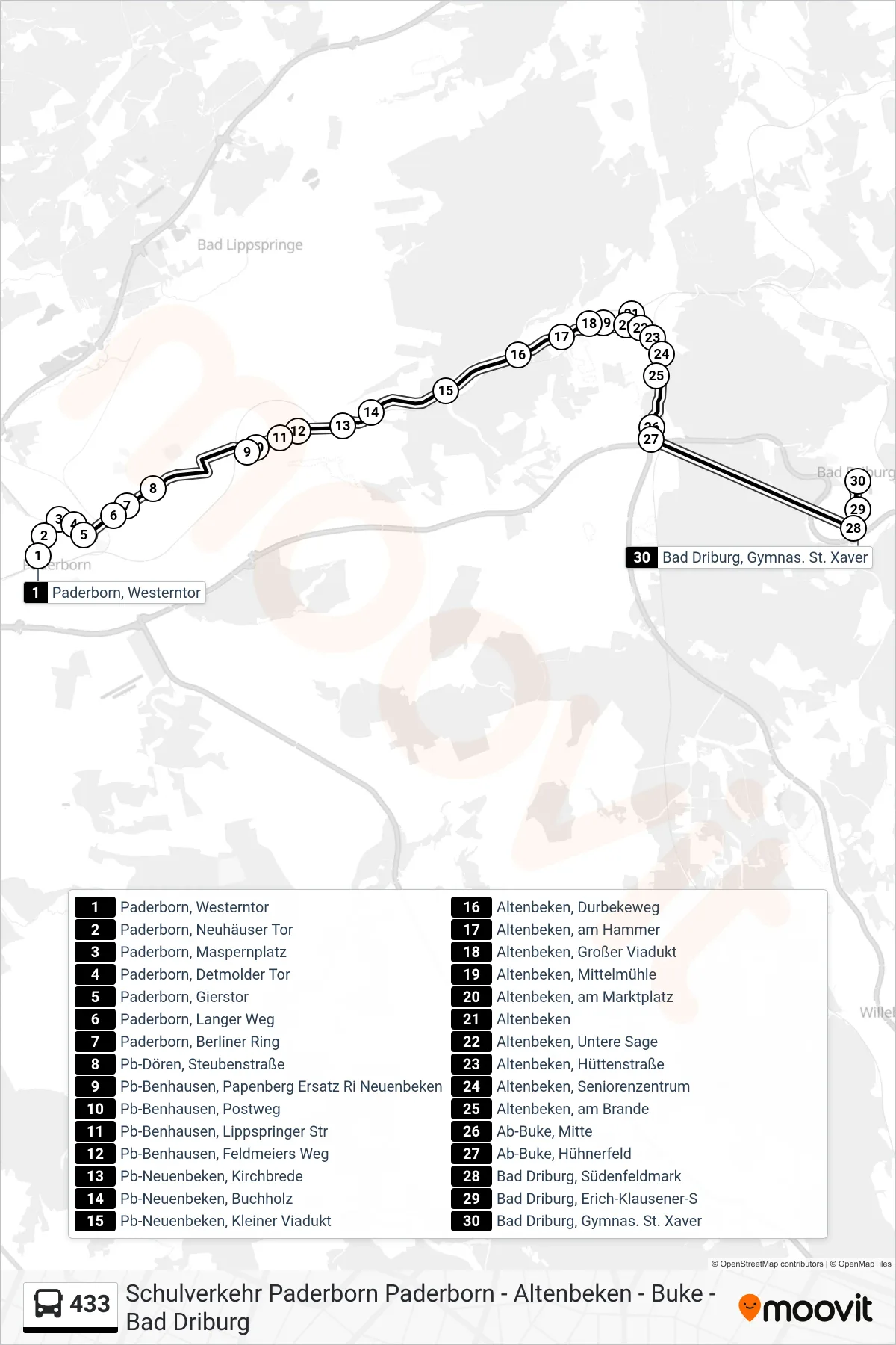 Linie 433 (Bus) Richtung Bad Driburg, Gymnas. St. Xaver: Route und Haltestellen auf der Karte