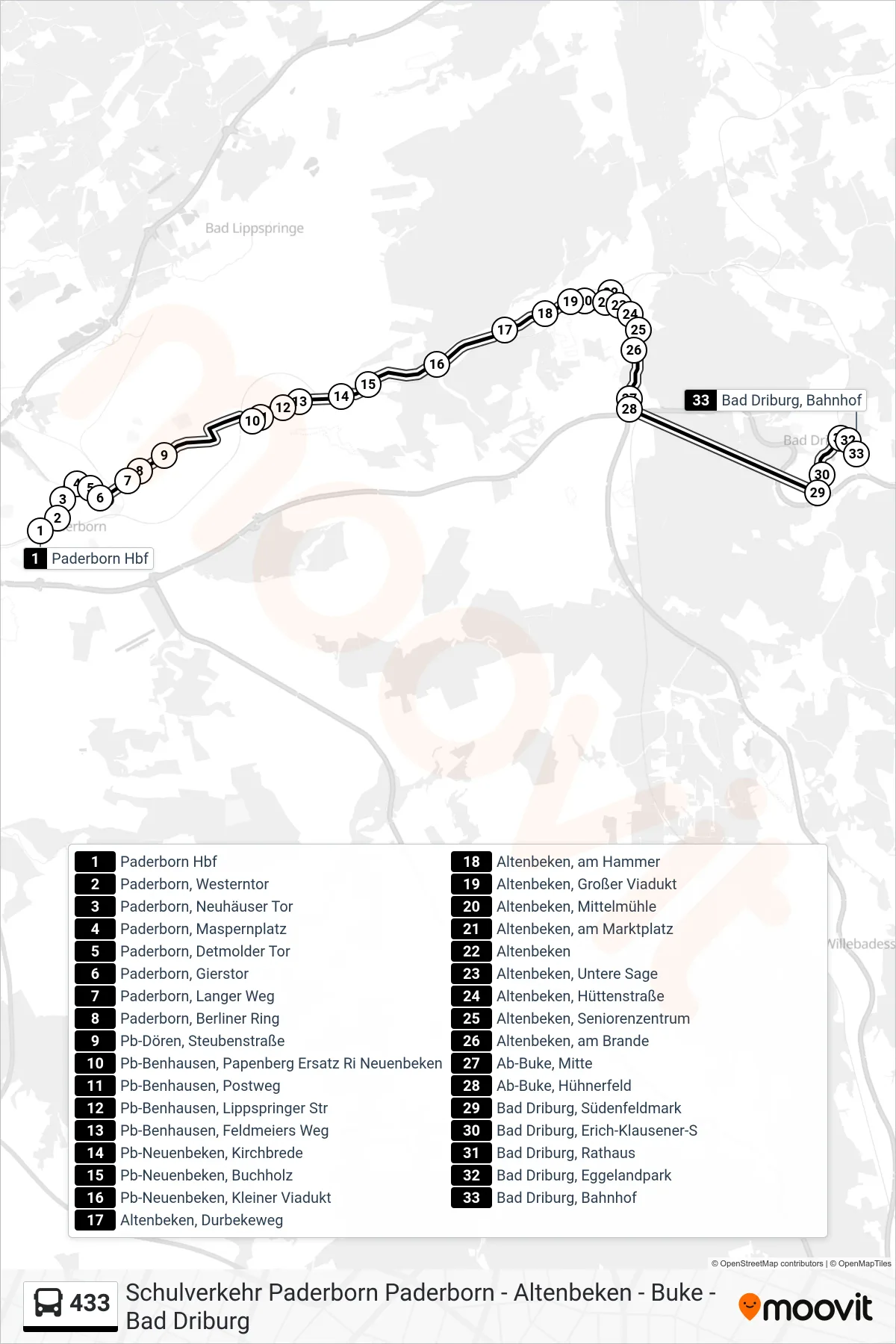 Linie 433 (Bus) Richtung Bad Driburg, Bahnhof: Route und Haltestellen auf der Karte