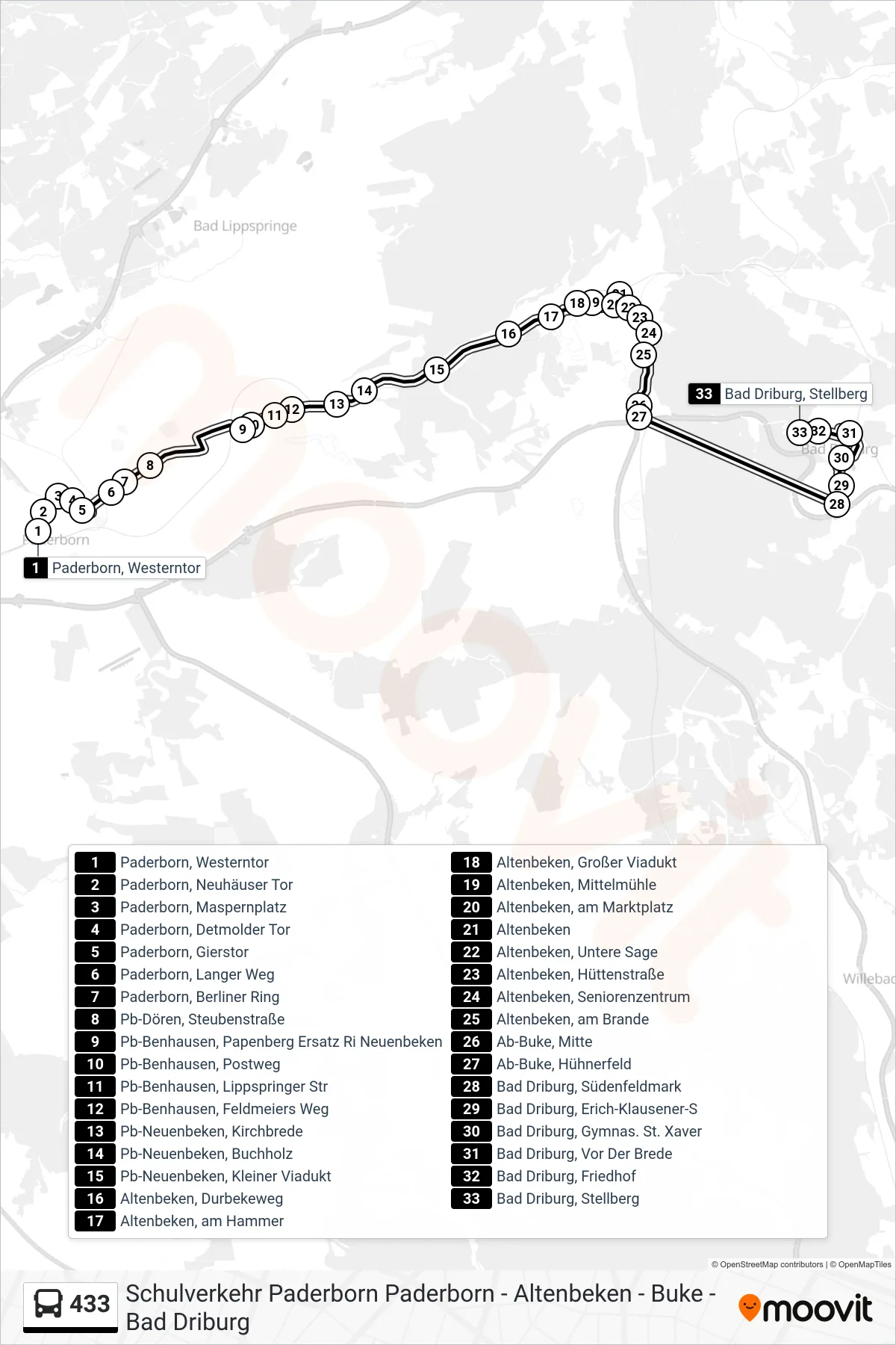 Linie 433 (Bus) Richtung Bad Driburg, Stellberg: Route und Haltestellen auf der Karte