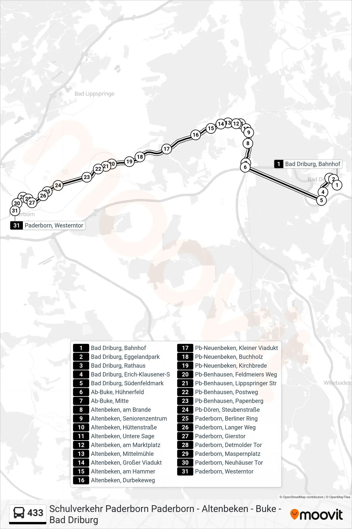 Linie 433 (Bus) Richtung Paderborn, Westerntor Steig B2: Route und Haltestellen auf der Karte