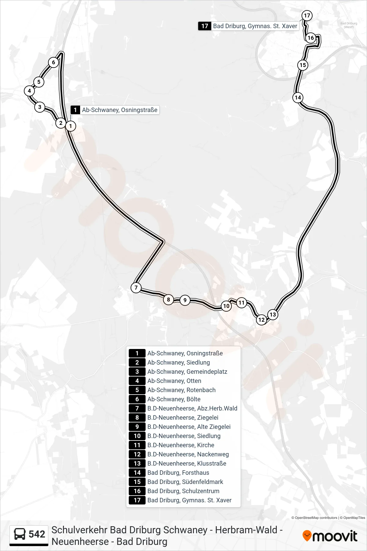 542 bus Line (Bad Driburg, Gymnas. St. Xaver) route and stops on a map