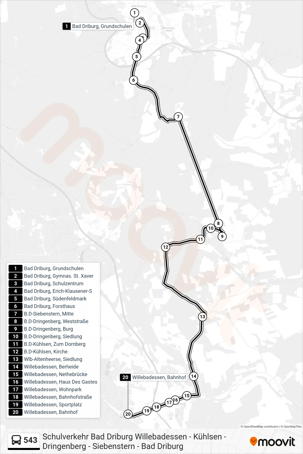 Linie 543 (Bus) Richtung Willebadessen, Bahnhof: Route und Haltestellen auf der Karte
