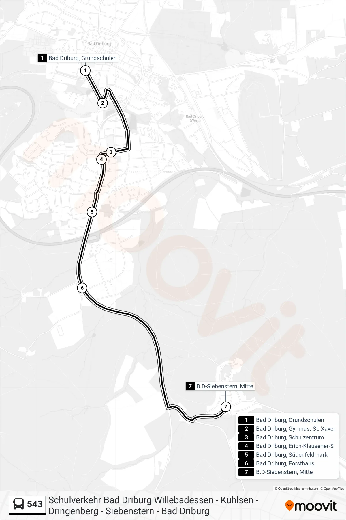 543 bus Line (B.D-Siebenstern, Mitte) route and stops on a map