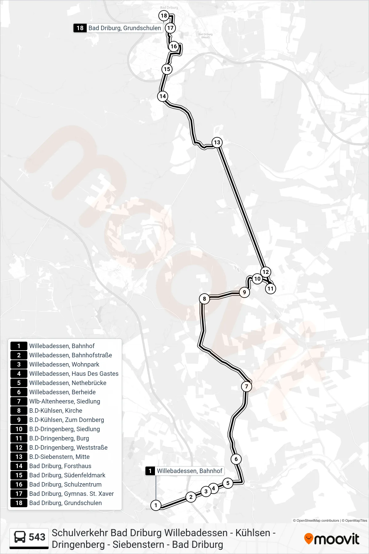 543 bus Line (Bad Driburg, Grundschulen) route and stops on a map