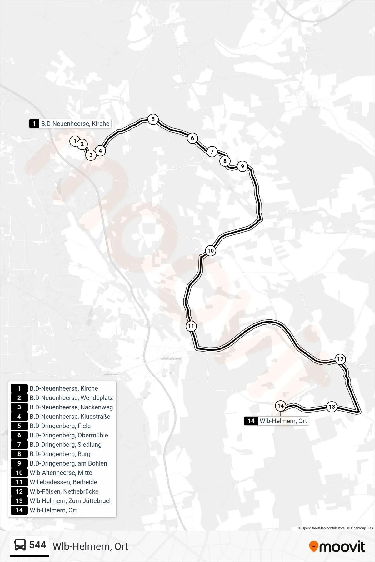 544 bus Line (Wlb-Helmern, Ort) route and stops on a map