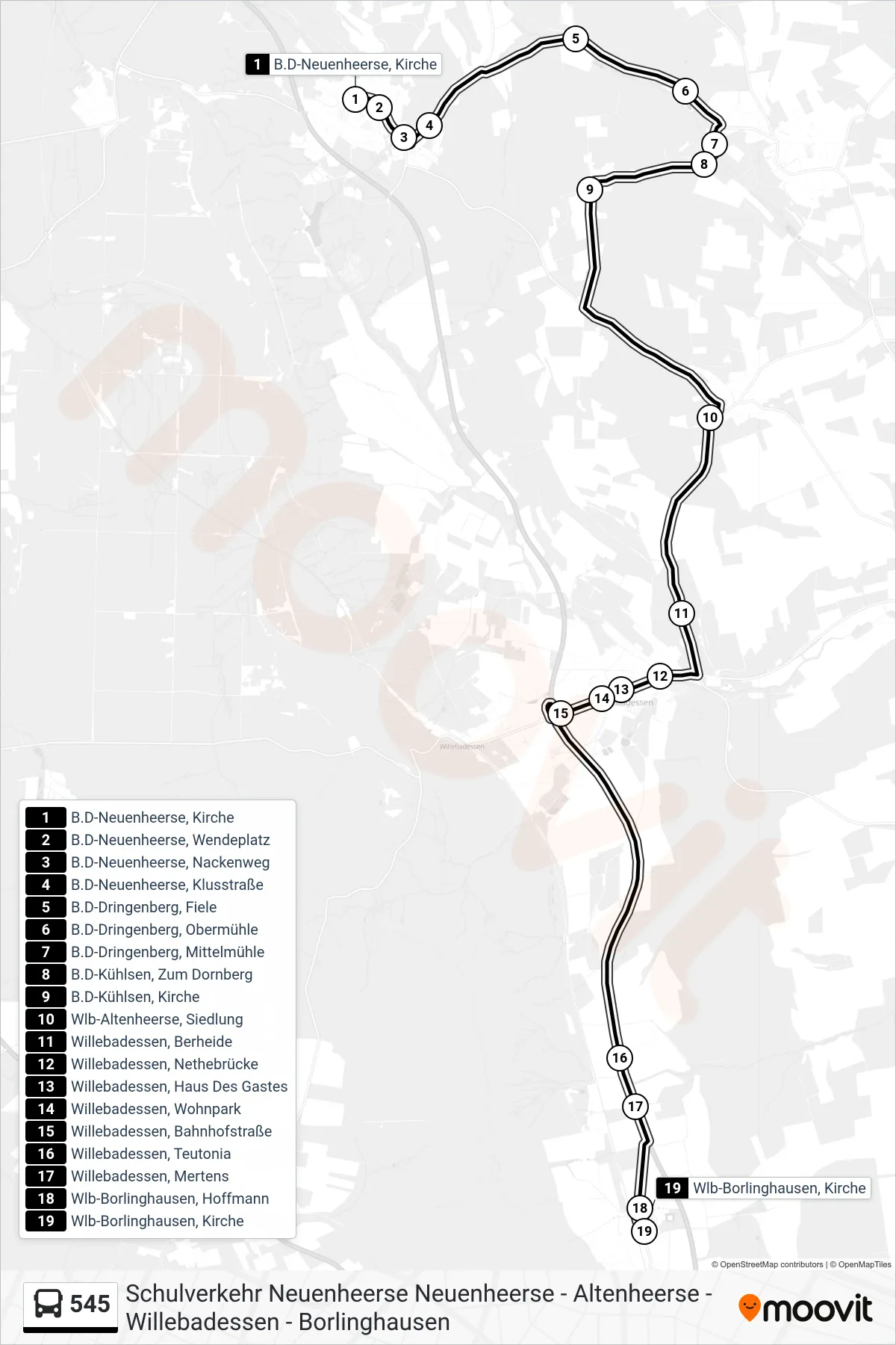 Linie 545 (Bus) Richtung Wlb-Borlinghausen, Kirche: Route und Haltestellen auf der Karte