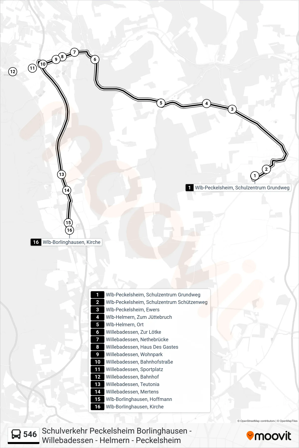546 bus Line (Wlb-Borlinghausen, Kirche) route and stops on a map