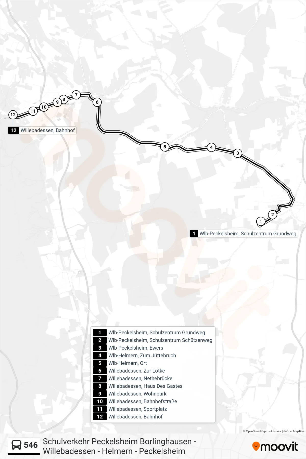 546 bus Line (Willebadessen, Bahnhof) route and stops on a map