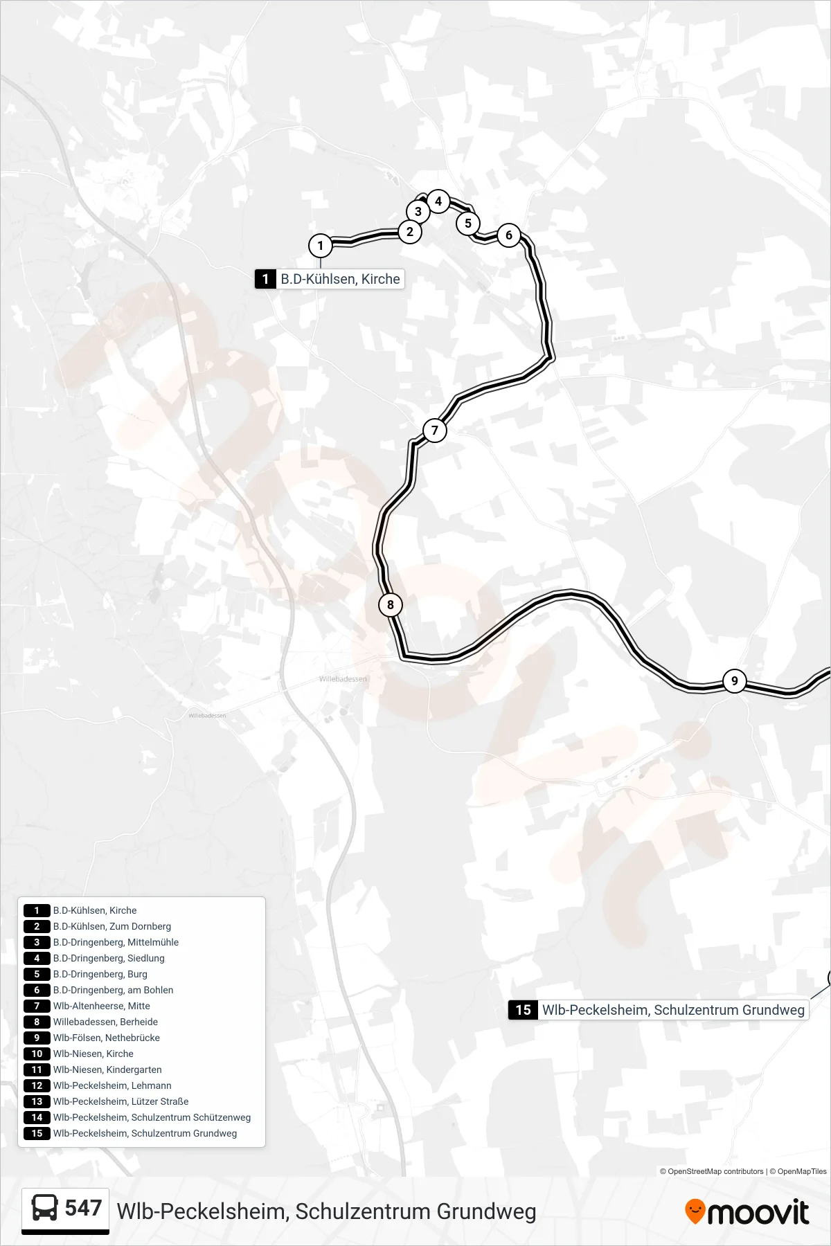 Linie 547 (Bus) Richtung Wlb-Peckelsheim, Schulzentrum Grundweg: Route und Haltestellen auf der Karte
