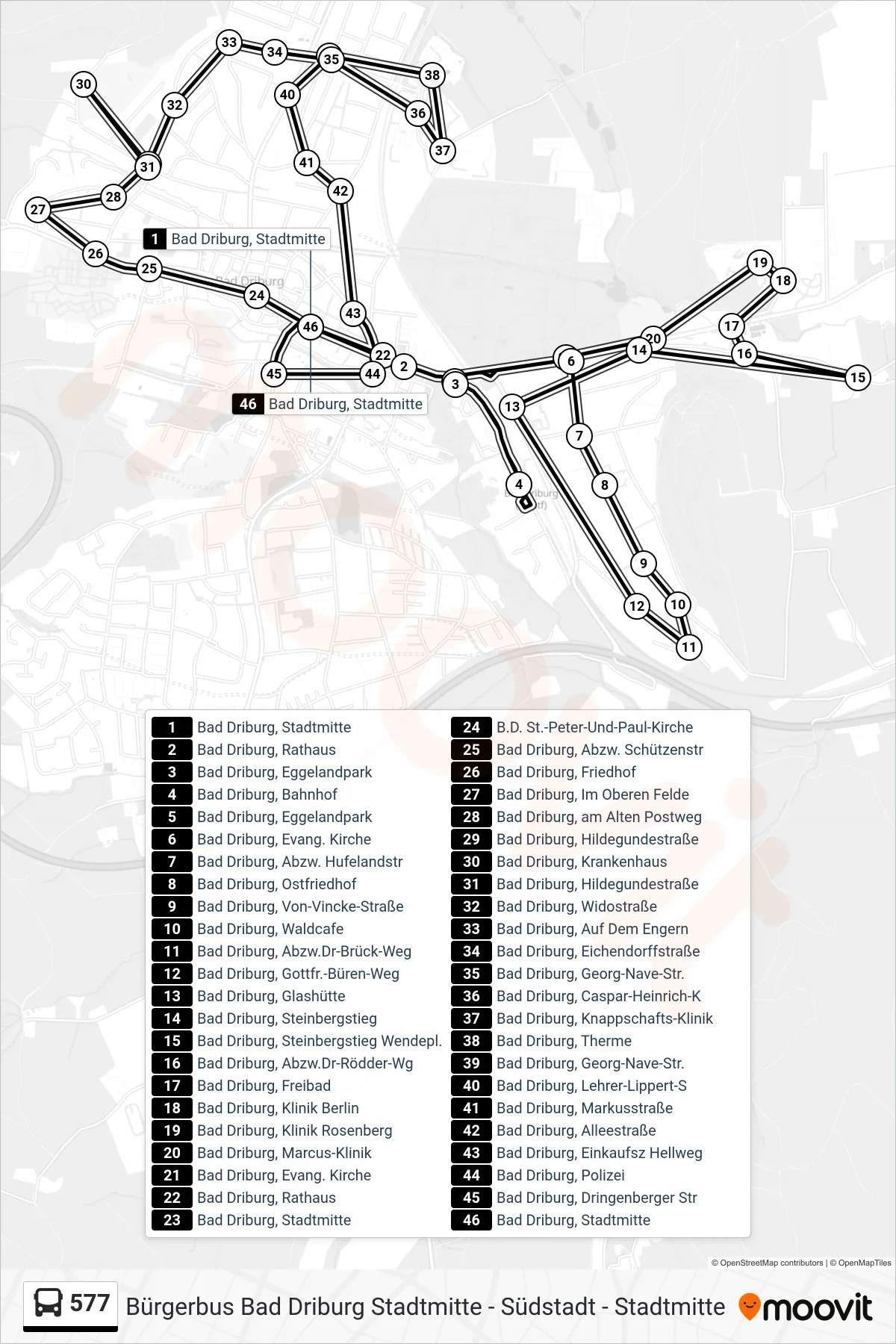 Linie 577 (Bus) Richtung Bad Driburg, Stadtmitte: Route und Haltestellen auf der Karte