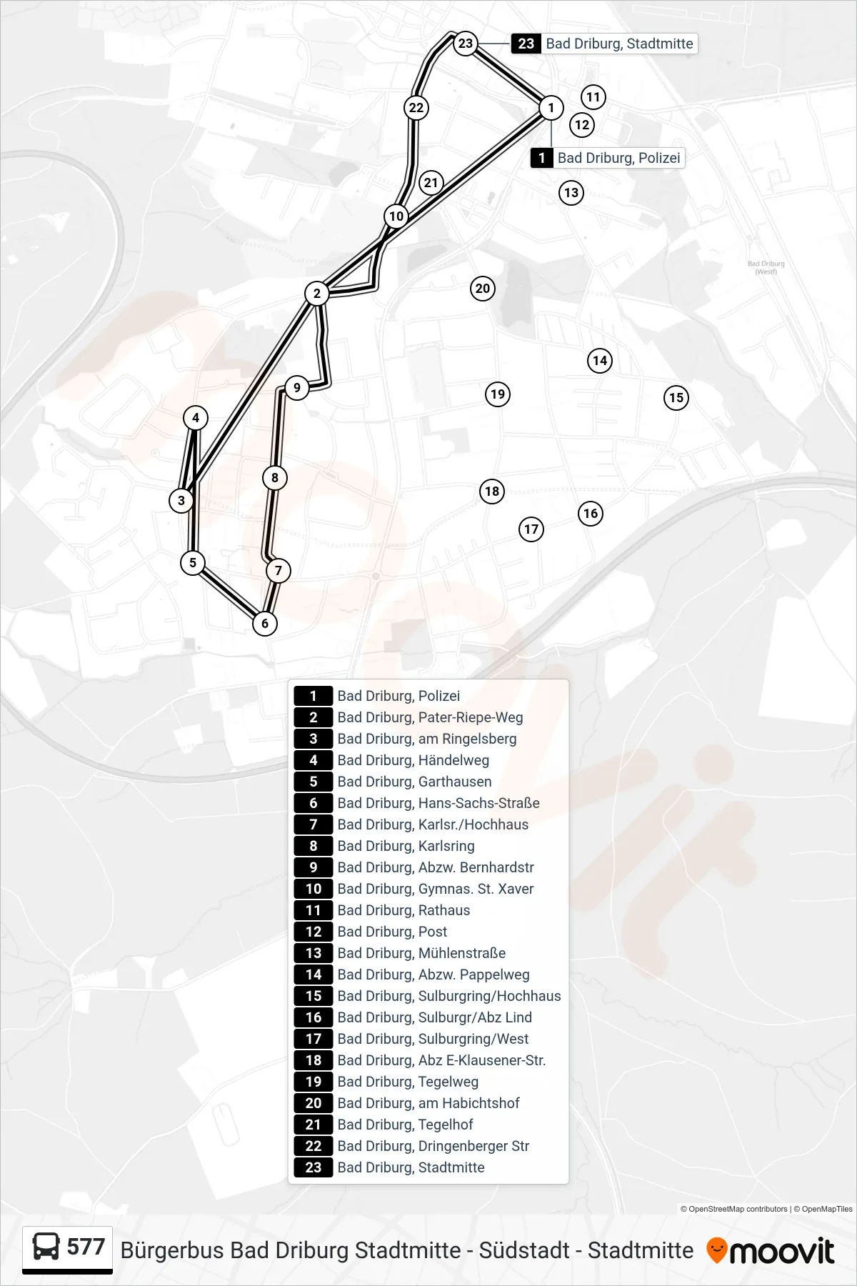 Linie 577 (Bus) Richtung Bad Driburg, Stadtmitte: Route und Haltestellen auf der Karte