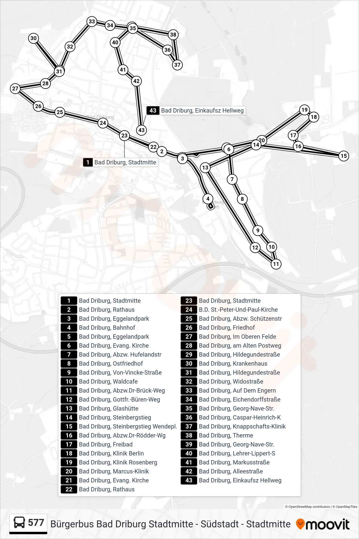 Linie 577 (Bus) Richtung Bad Driburg, Einkaufsz Hellweg: Route und Haltestellen auf der Karte