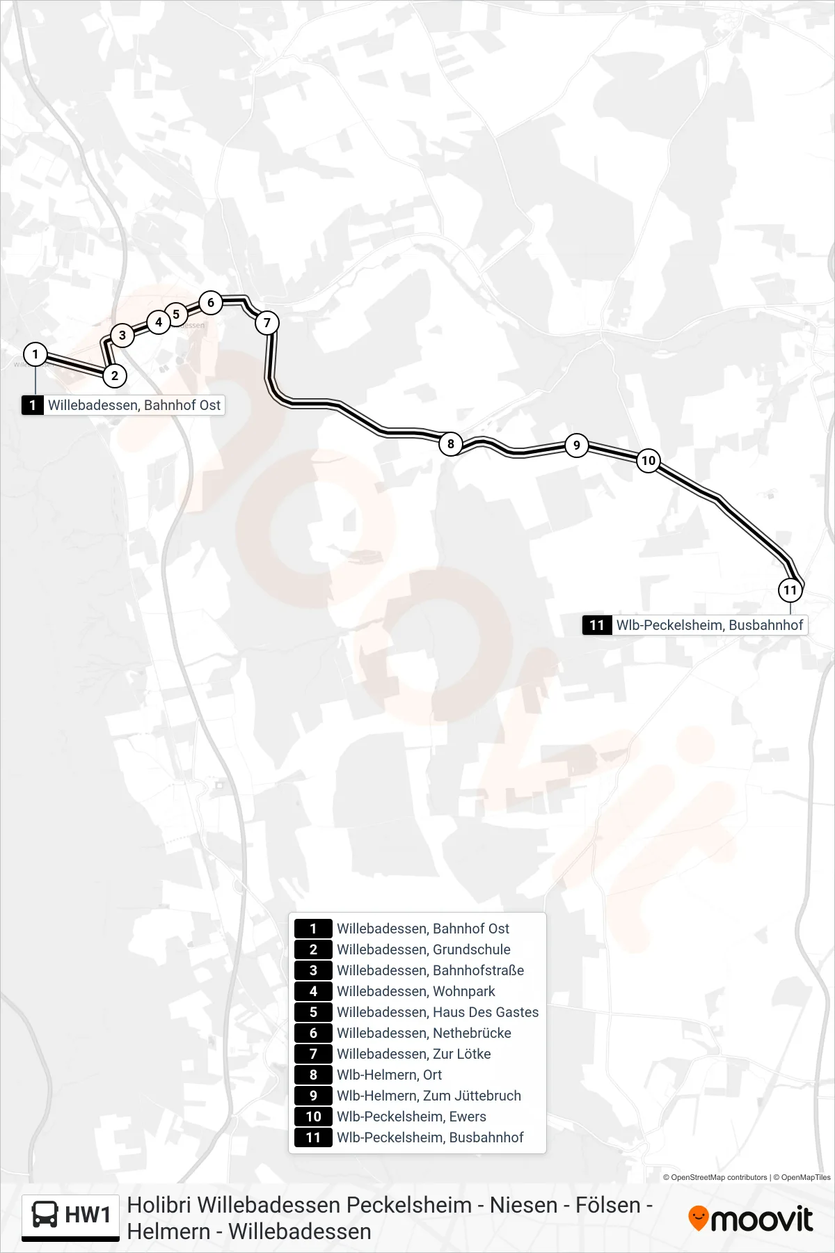 HW1 bus Line (Wlb-Peckelsheim, Busbahnhof) route and stops on a map