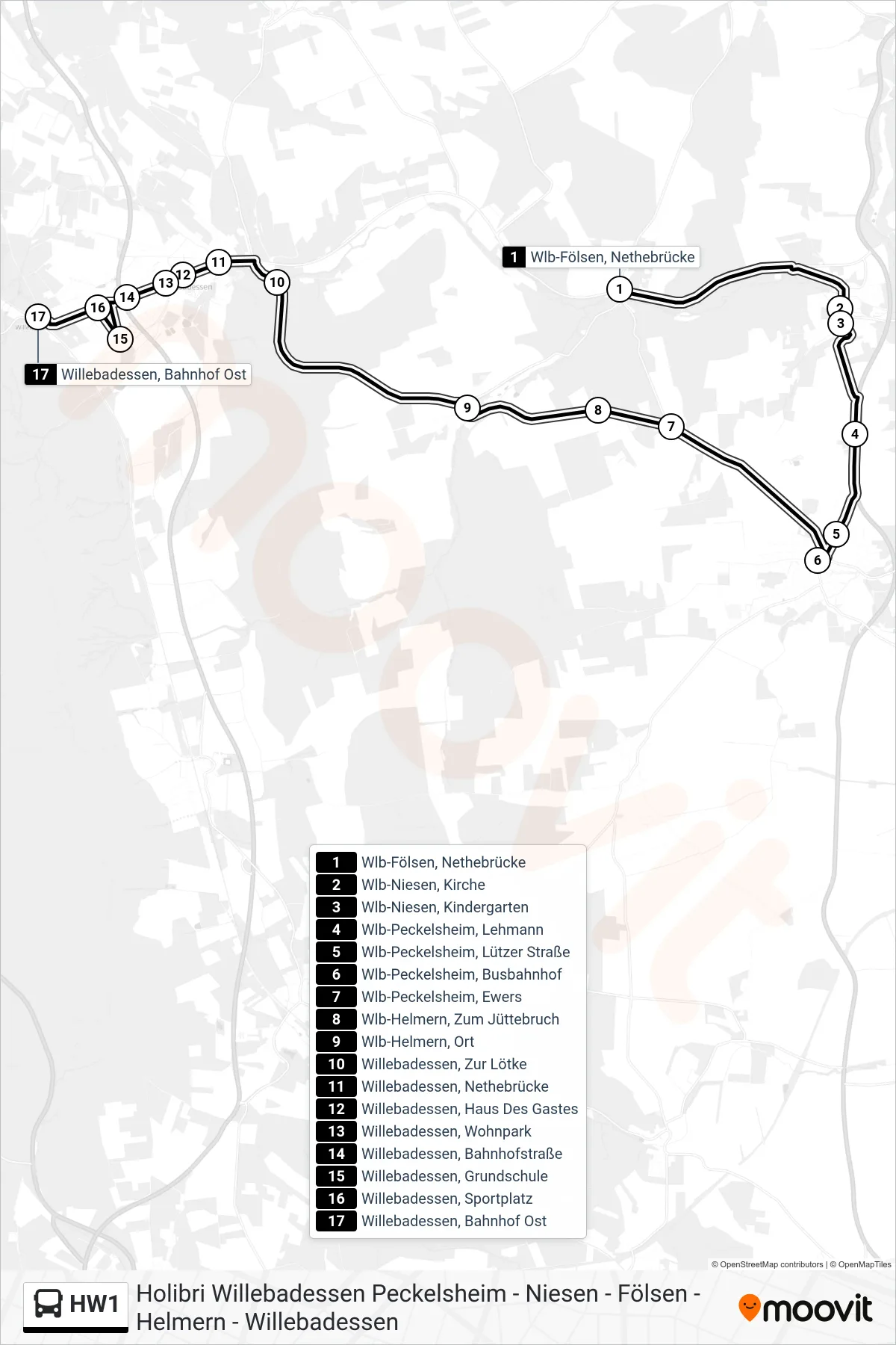 HW1 bus Line (Willebadessen, Bahnhof Ost) route and stops on a map