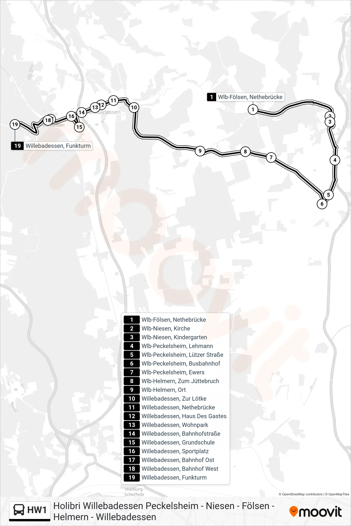 HW1 bus Line (Willebadessen, Funkturm) route and stops on a map