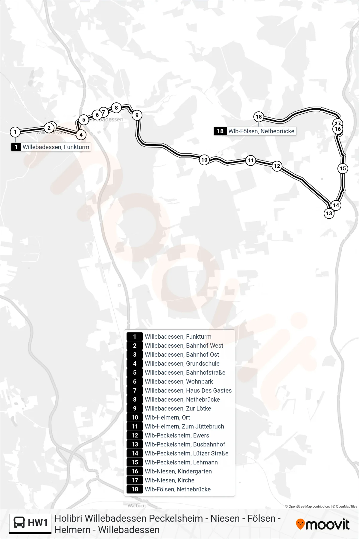 Linie HW1 (Bus) Richtung Wlb-Fölsen, Nethebrücke: Route und Haltestellen auf der Karte
