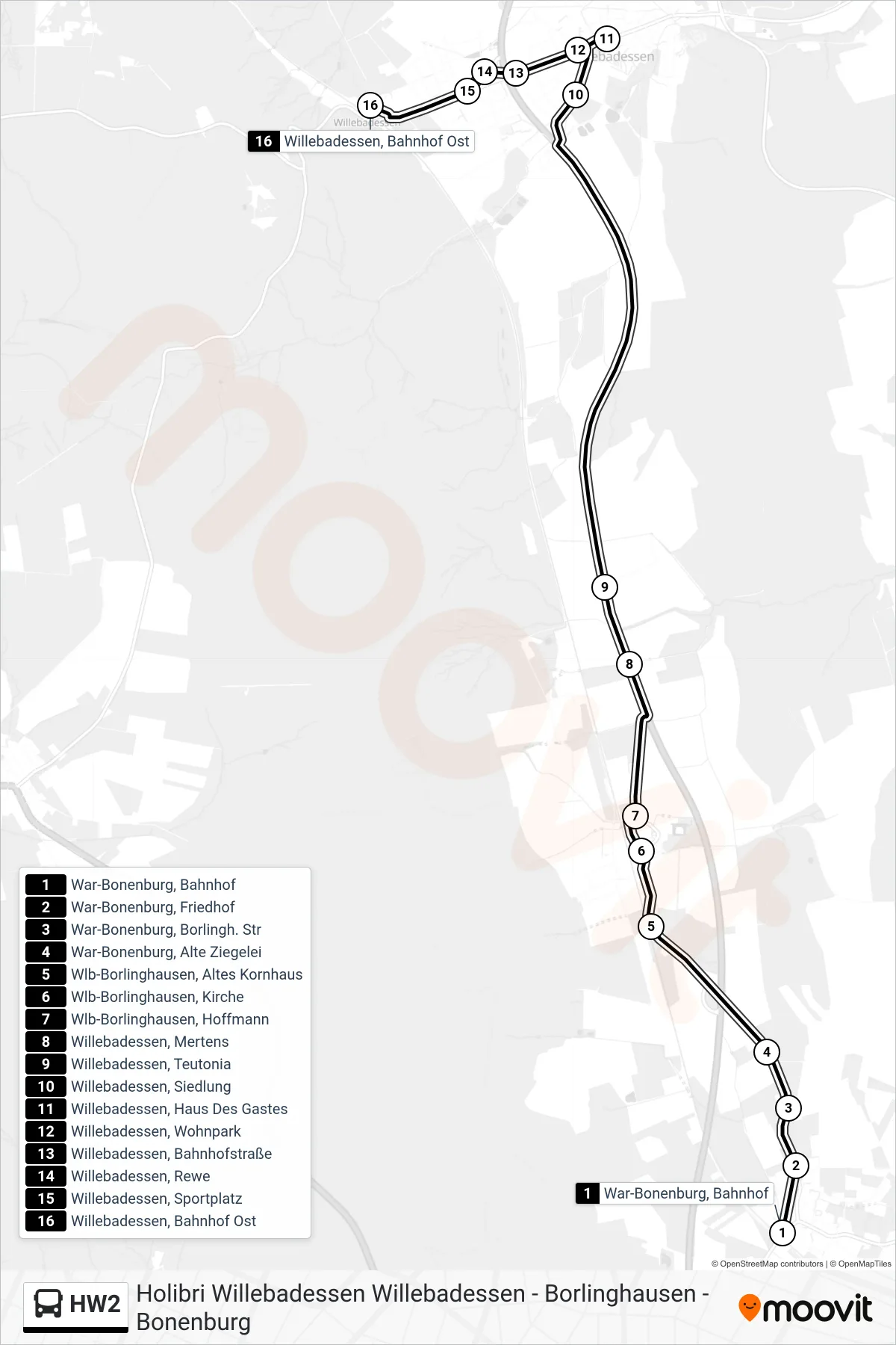 HW2 bus Line (Willebadessen, Bahnhof Ost) route and stops on a map