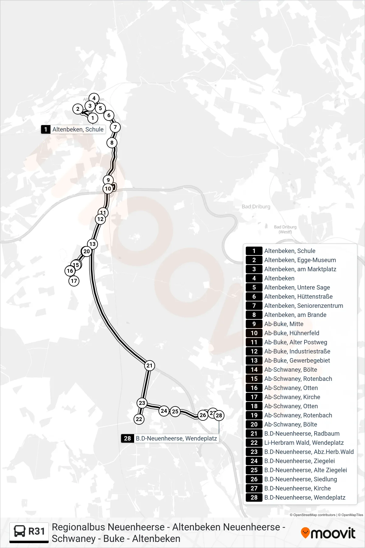 Linie R31 (Bus) Richtung B.D-Neuenheerse, Wendeplatz: Route und Haltestellen auf der Karte