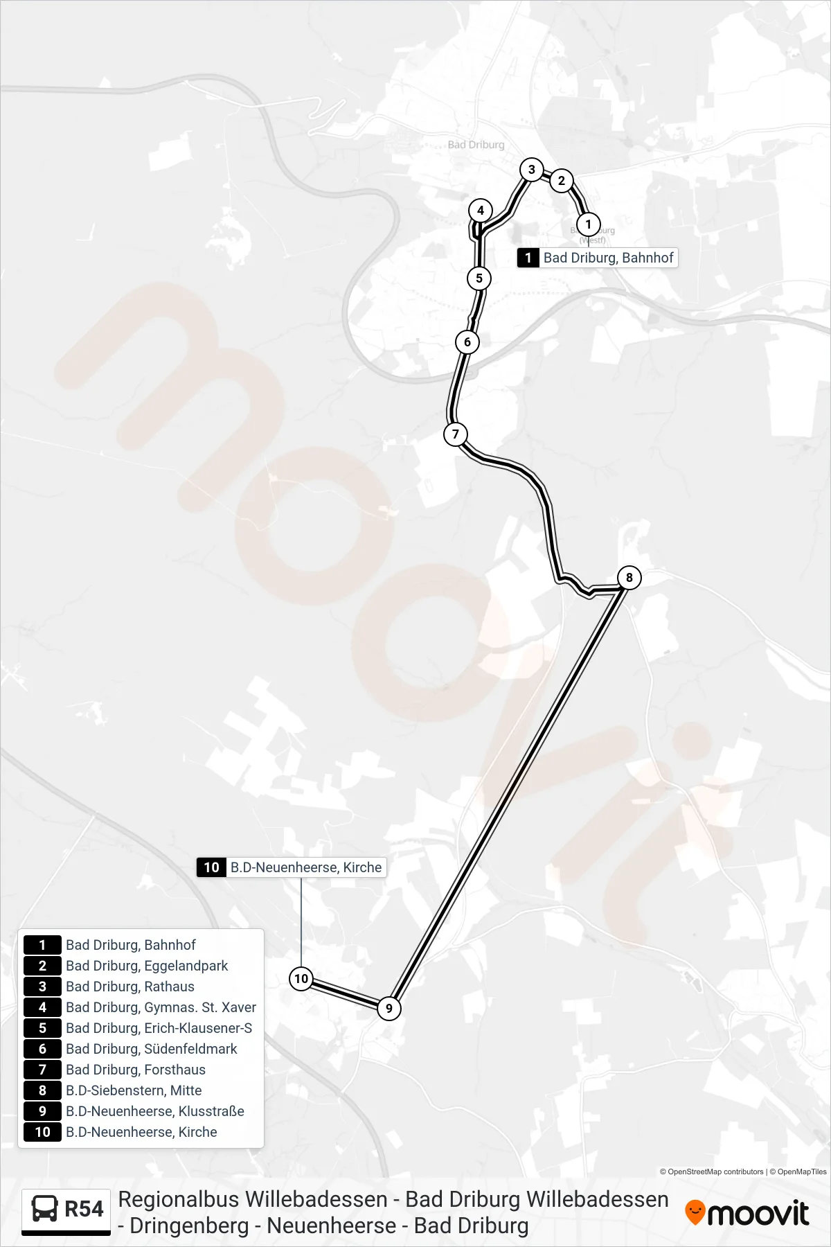R54 bus Line (B.D-Neuenheerse, Kirche) route and stops on a map