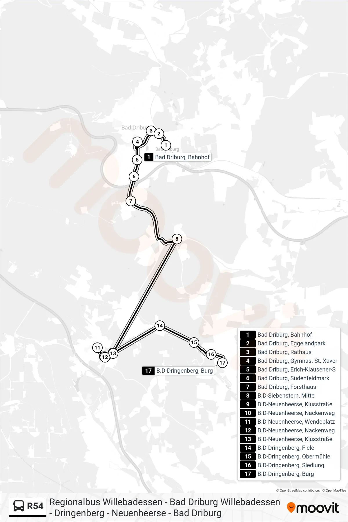 R54 bus Line (B.D-Dringenberg, Burg) route and stops on a map