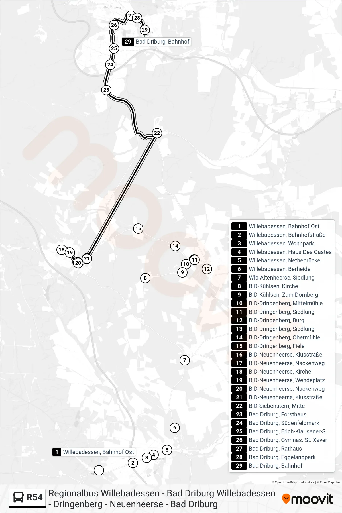 Linie R54 (Bus) Richtung Bad Driburg, Bahnhof: Route und Haltestellen auf der Karte