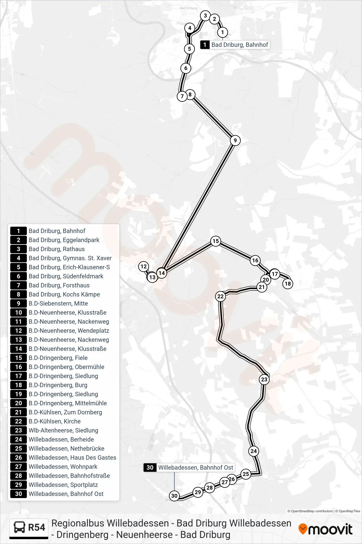 R54 bus Line (Willebadessen, Bahnhof Ost) route and stops on a map