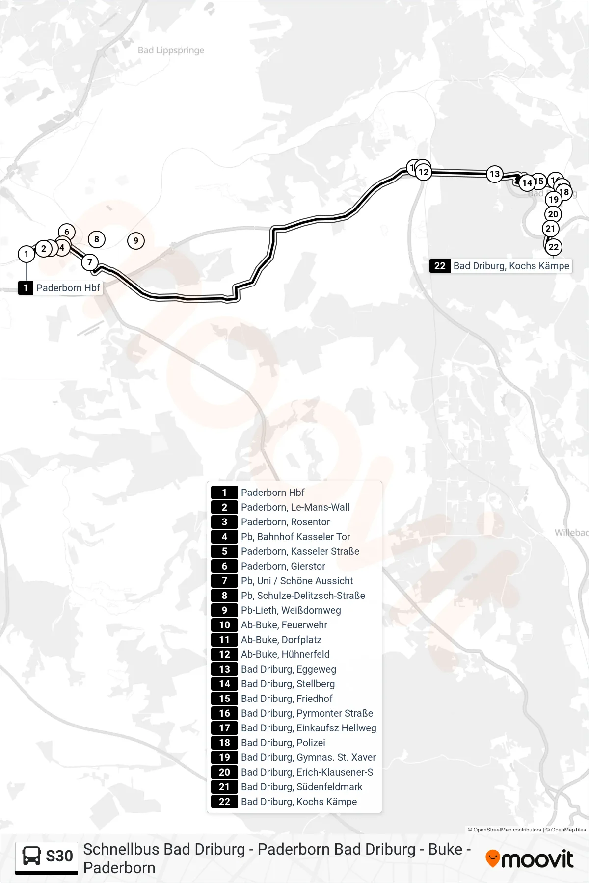 S30 bus Line (Bad Driburg, Kochs Kämpe) route and stops on a map