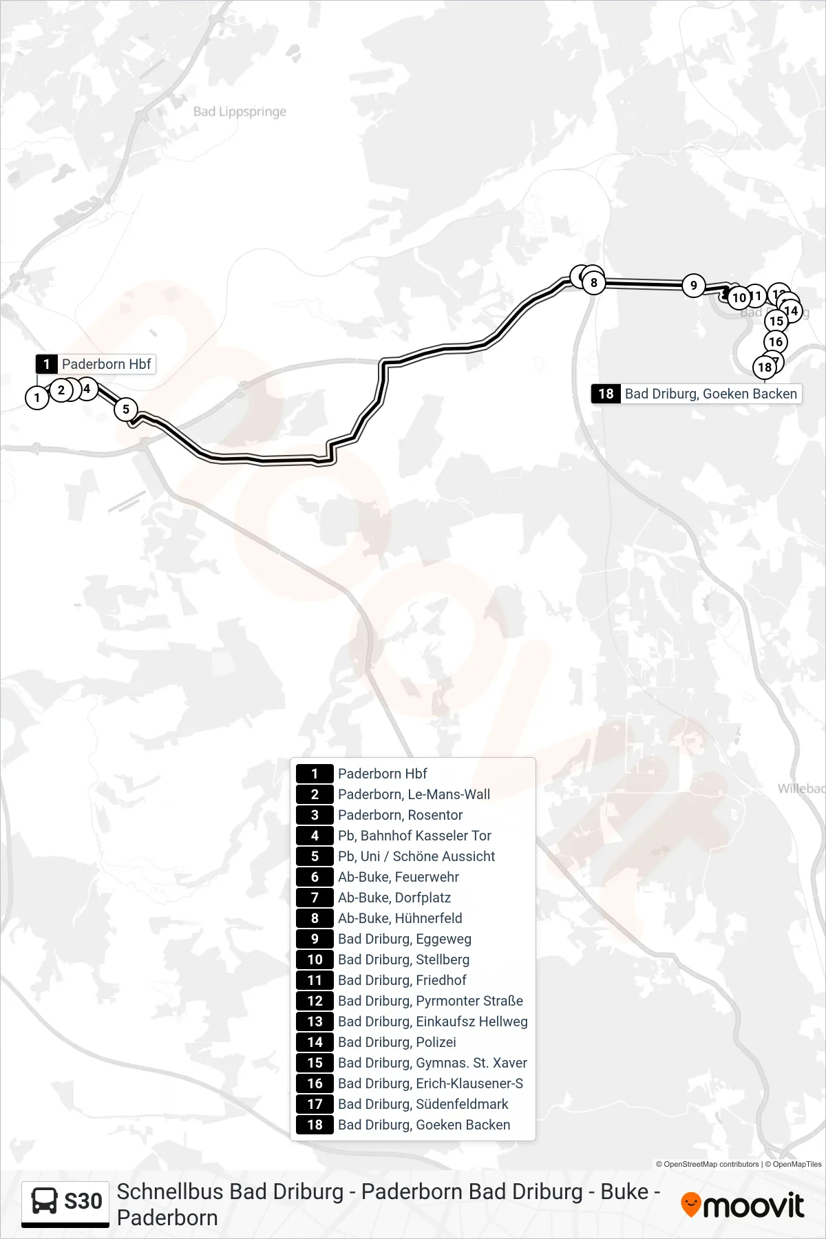 S30 bus Line (Bad Driburg, Goeken Backen) route and stops on a map