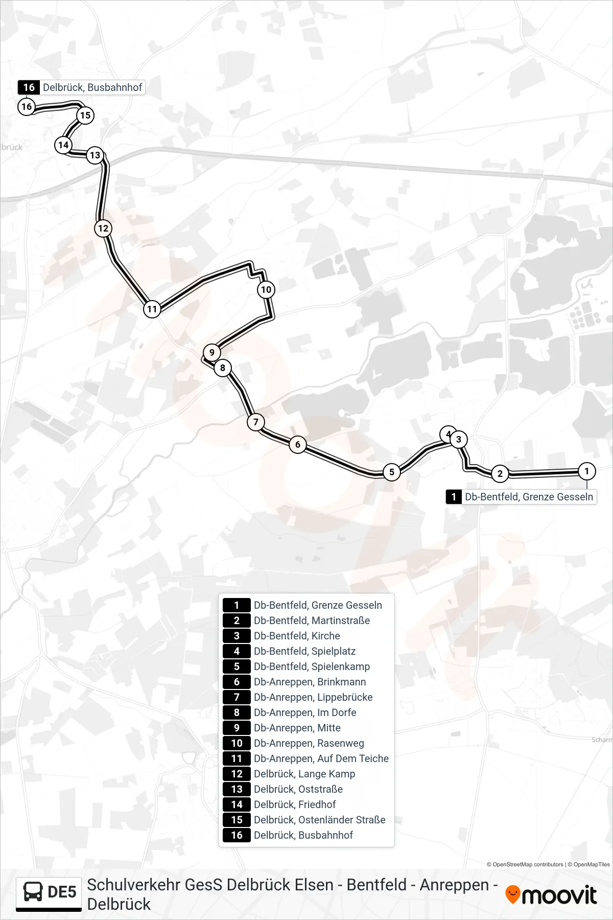DE5 bus Line (Delbrück, Busbahnhof) route and stops on a map
