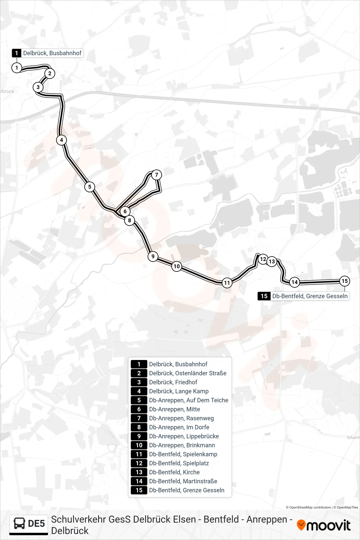 DE5 bus Line (Db-Bentfeld, Grenze Gesseln) route and stops on a map