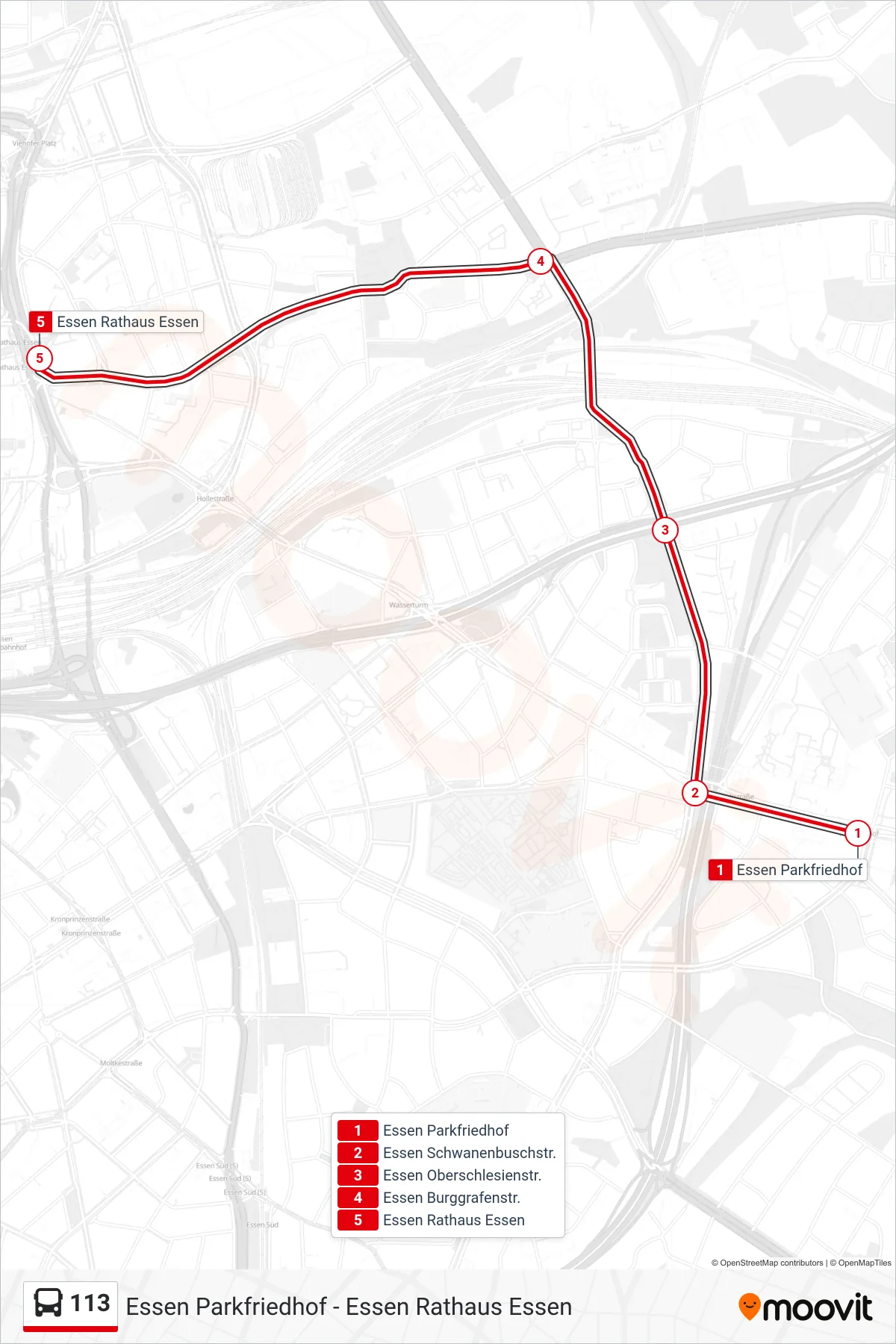 113 bus Line (Essen Rathaus Essen) route and stops on a map