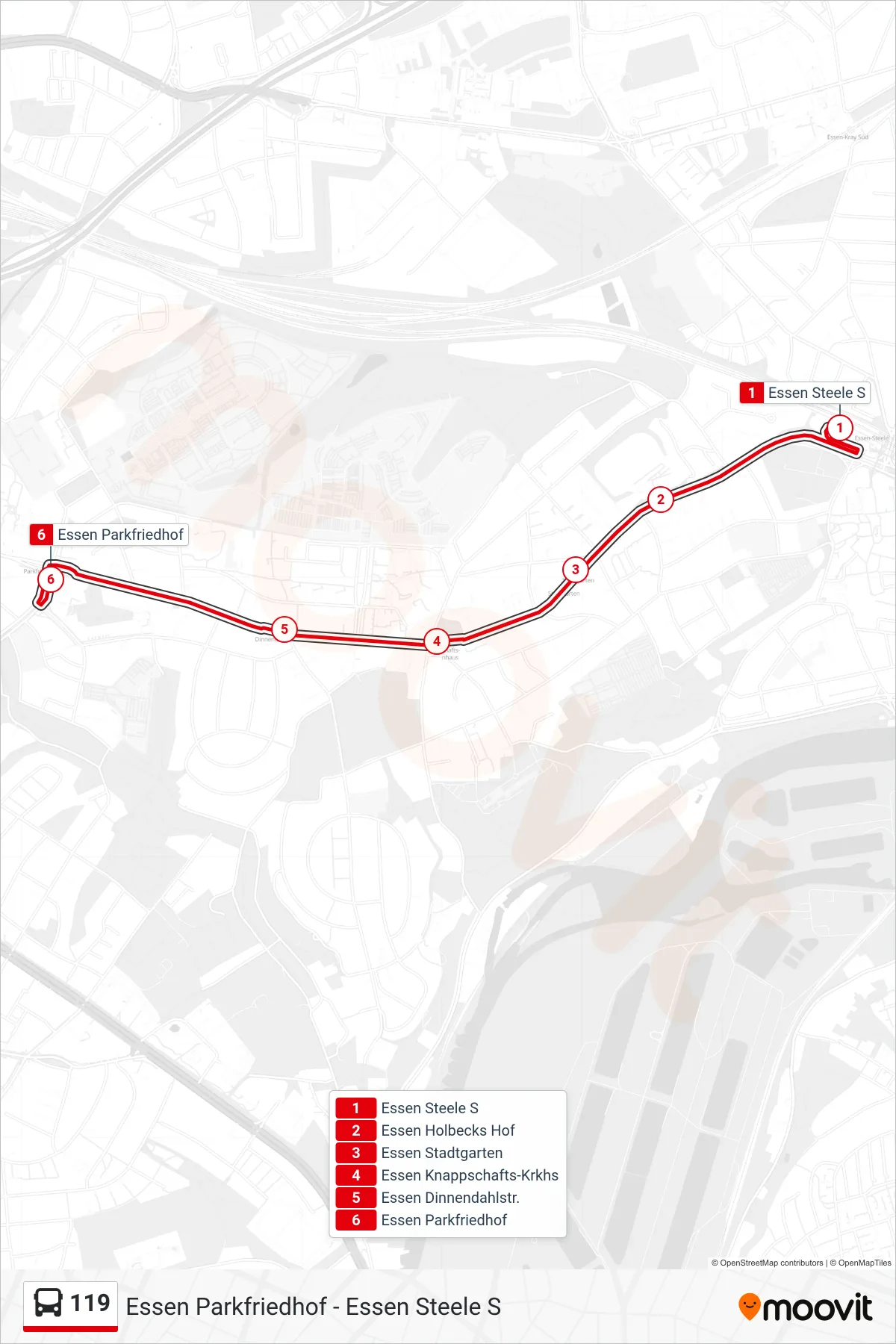 Linie 119 (Bus) Richtung Essen Parkfriedhof: Route und Haltestellen auf der Karte
