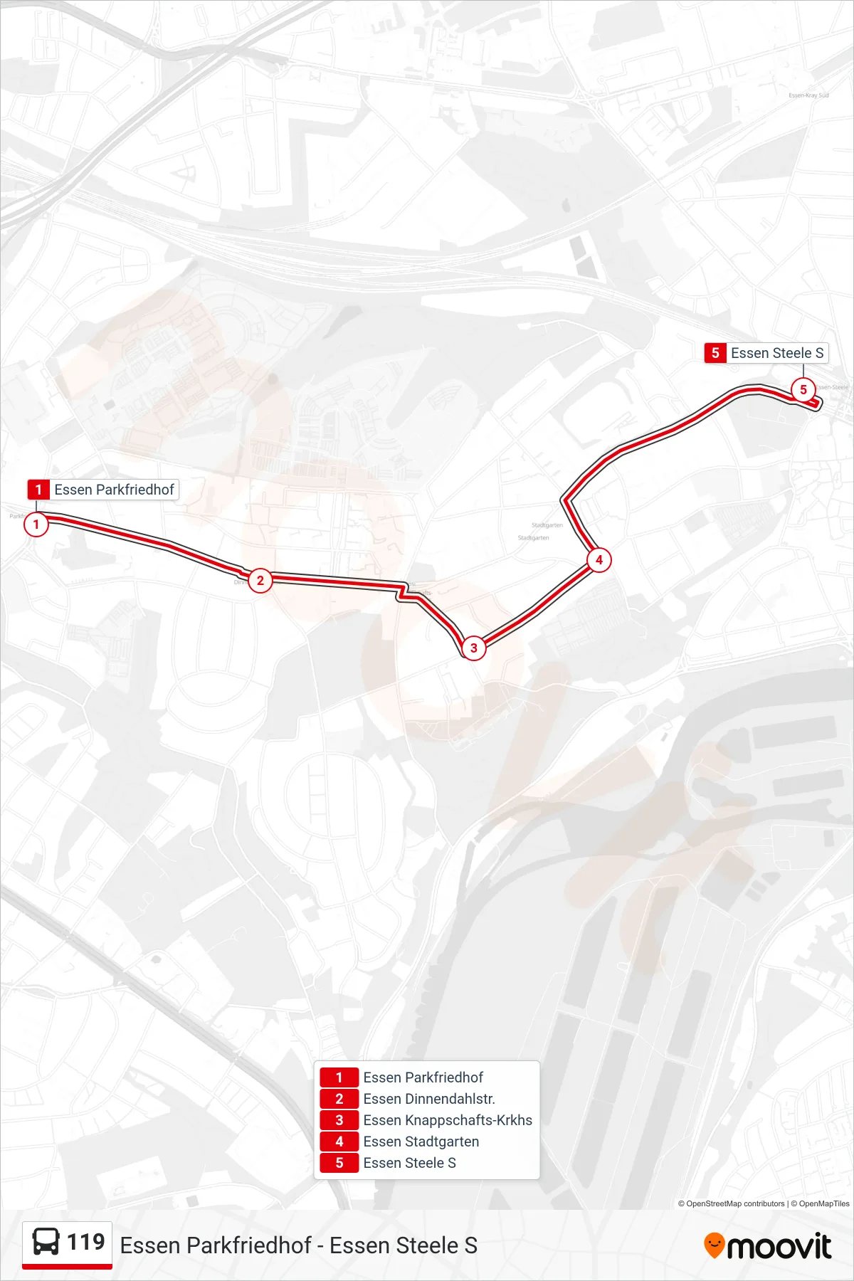 Linie 119 (Bus) Richtung Essen Steele S: Route und Haltestellen auf der Karte
