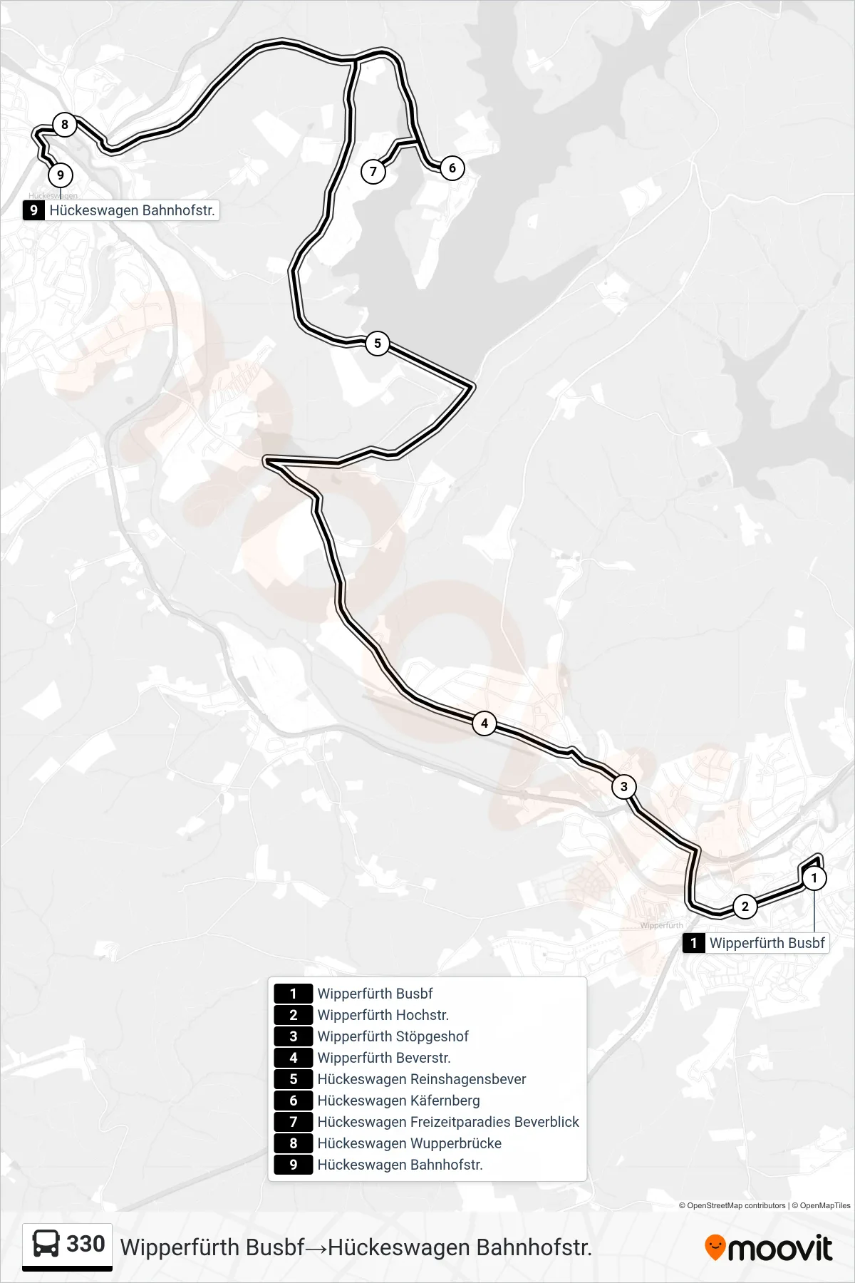 Linie 330 (Bus) Richtung Wipperfürth Busbf‎→Hückeswagen Bahnhofstr.: Route und Haltestellen auf der Karte