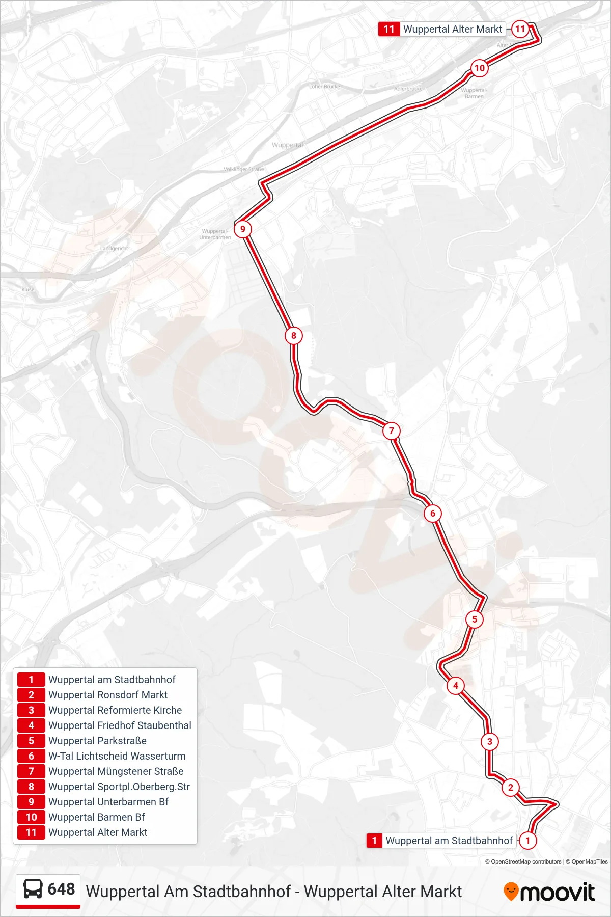 Linie 648 (Bus) Richtung Wuppertal Alter Markt: Route und Haltestellen auf der Karte