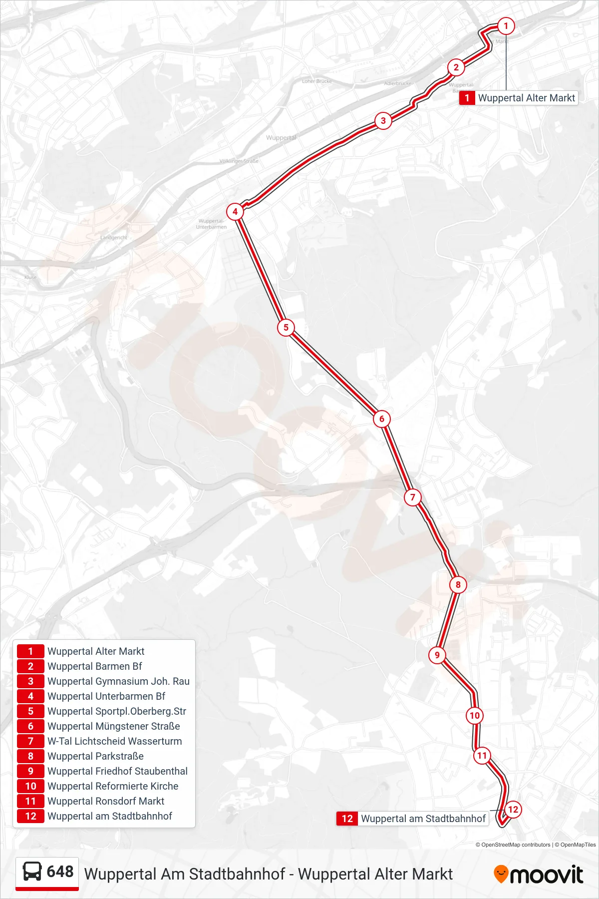 Linie 648 (Bus) Richtung Wuppertal am Stadtbahnhof: Route und Haltestellen auf der Karte