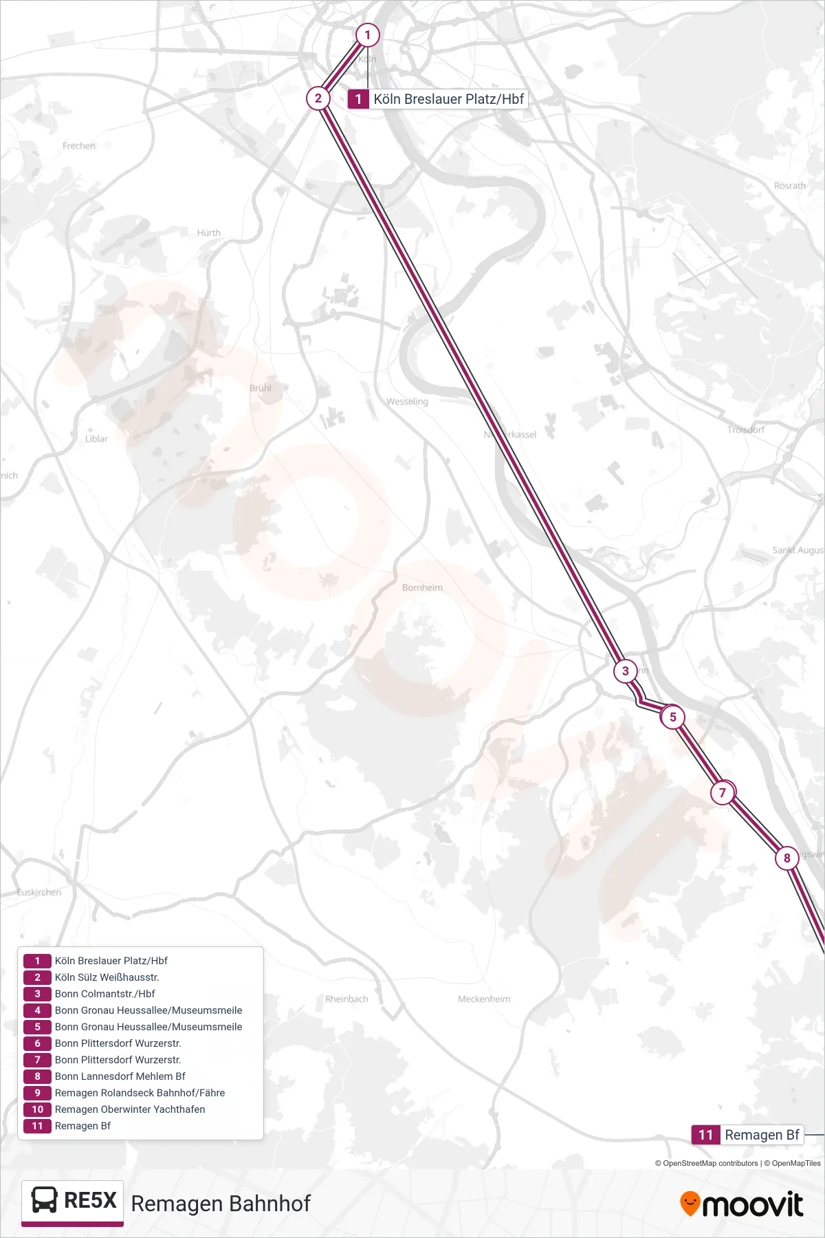 Linie RE5X (Bus) Richtung Remagen Bahnhof: Route und Haltestellen auf der Karte