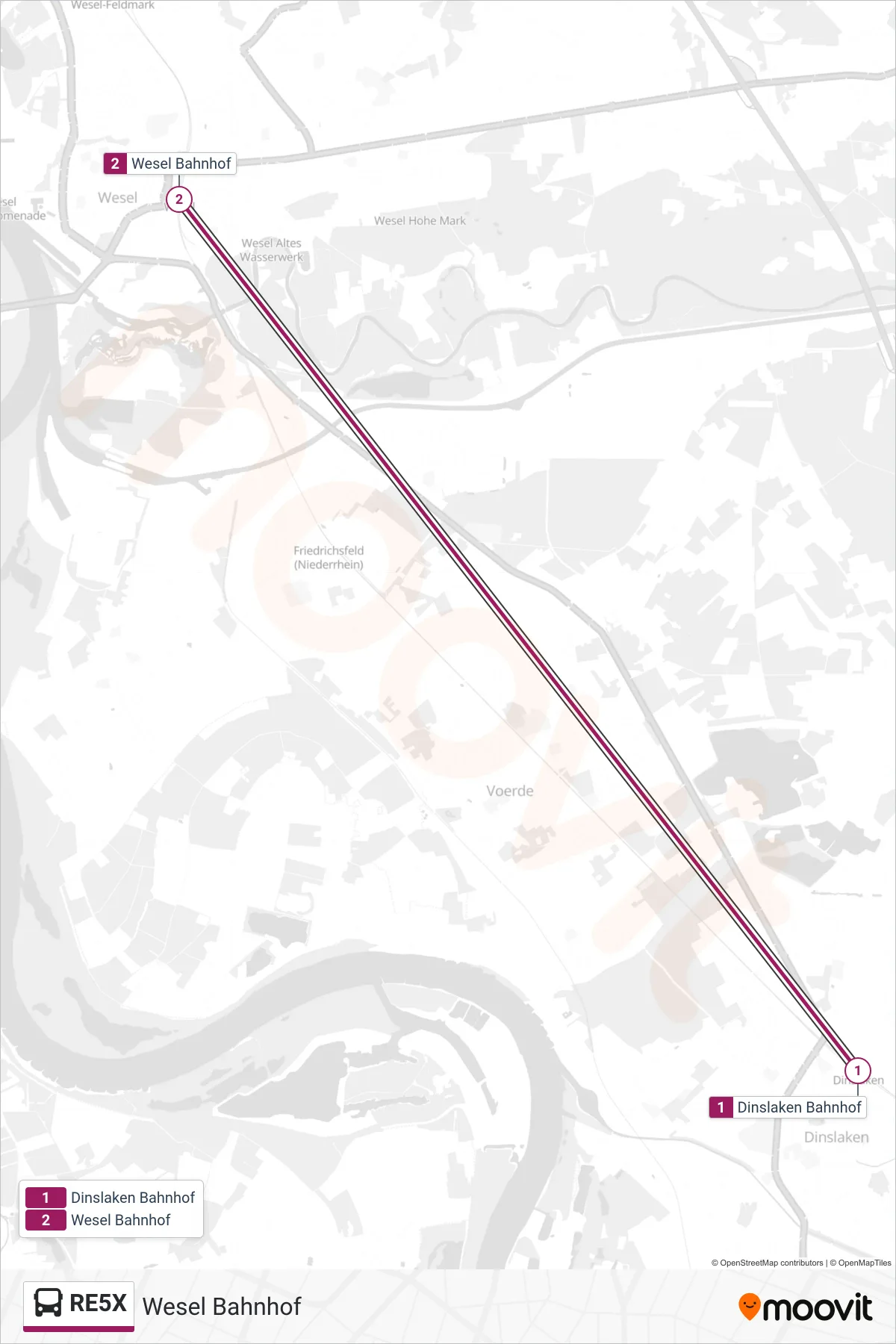 RE5X bus Line (Wesel Bahnhof) route and stops on a map