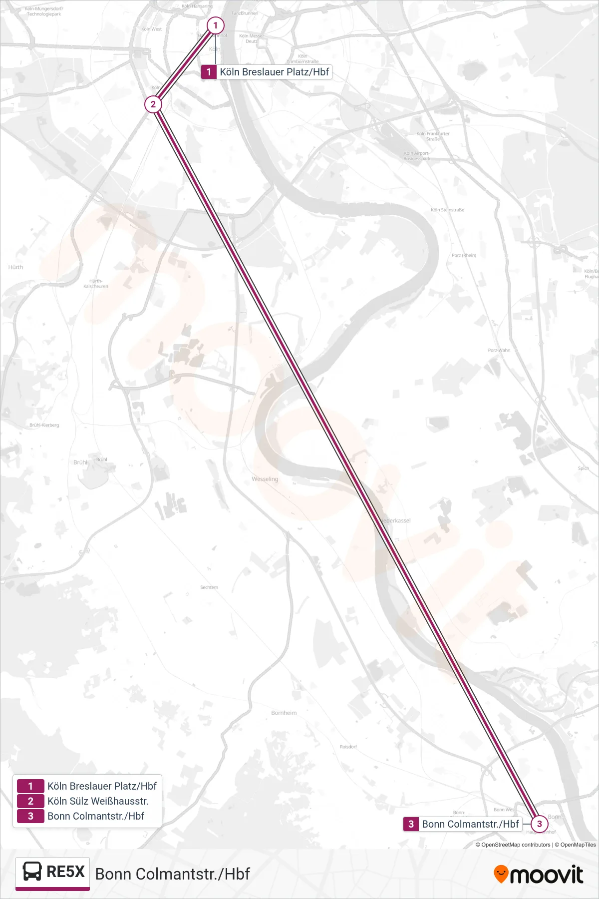 Linie RE5X (Bus) Richtung Bonn Colmantstr./Hbf: Route und Haltestellen auf der Karte