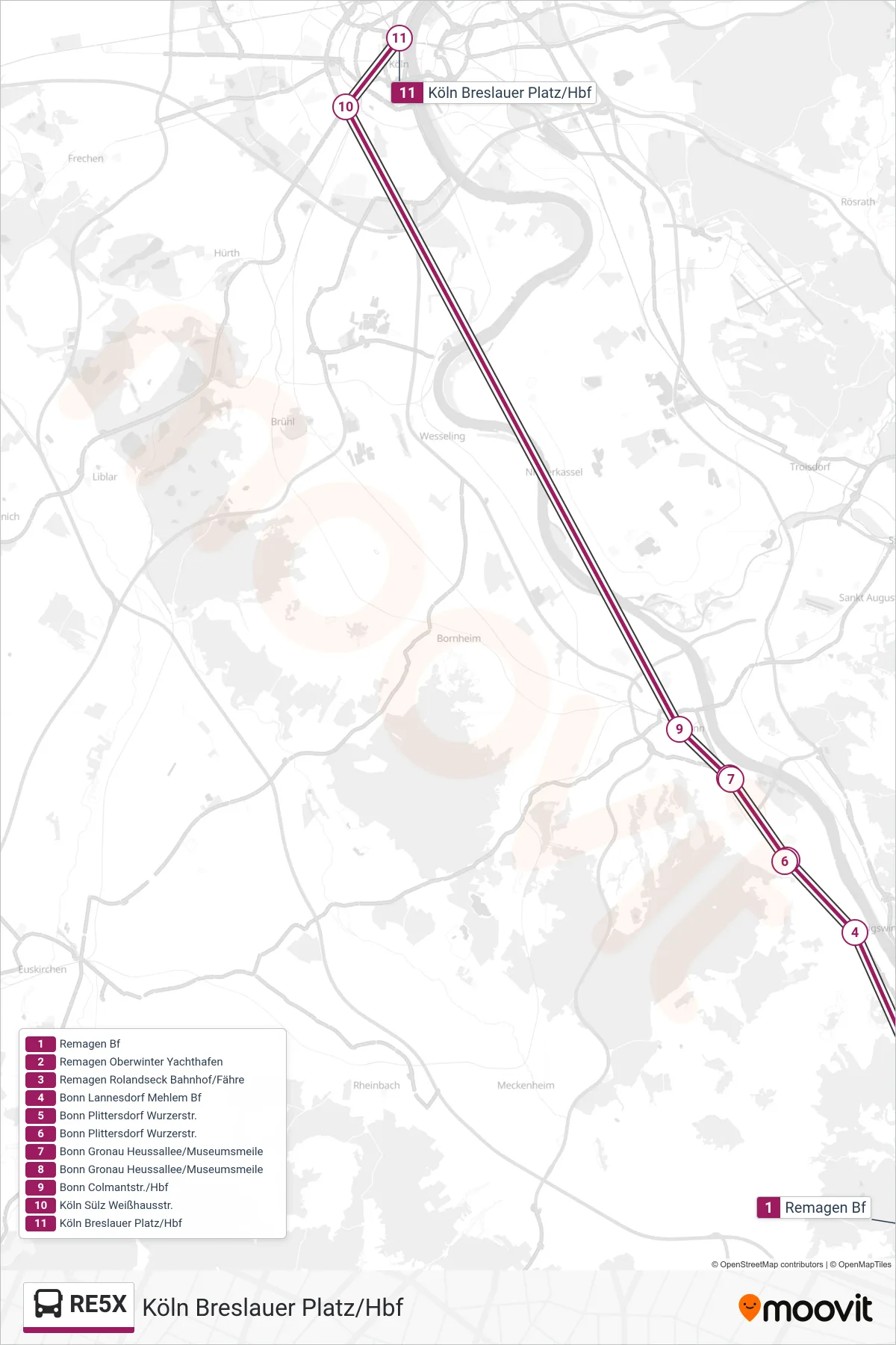 Linie RE5X (Bus) Richtung Köln Breslauer Platz/Hbf: Route und Haltestellen auf der Karte