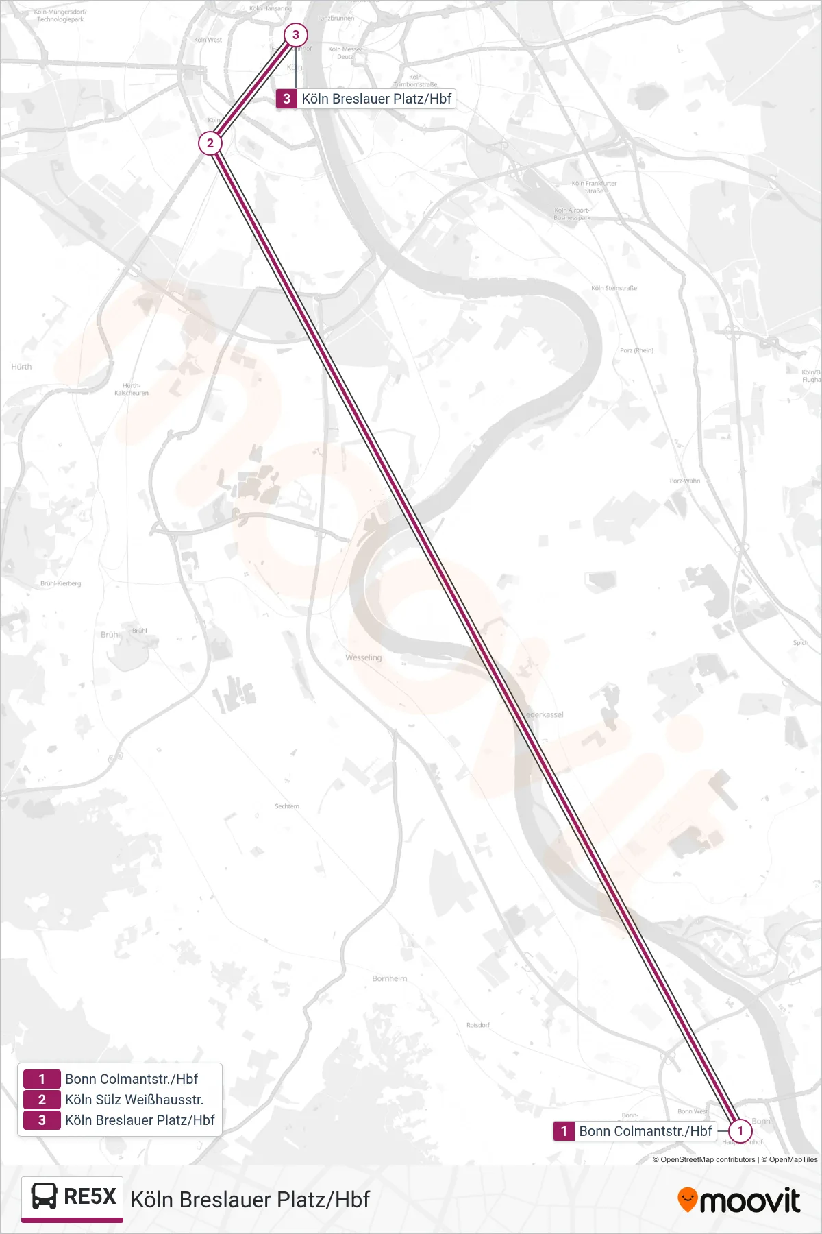 Linie RE5X (Bus) Richtung Köln Breslauer Platz/Hbf: Route und Haltestellen auf der Karte