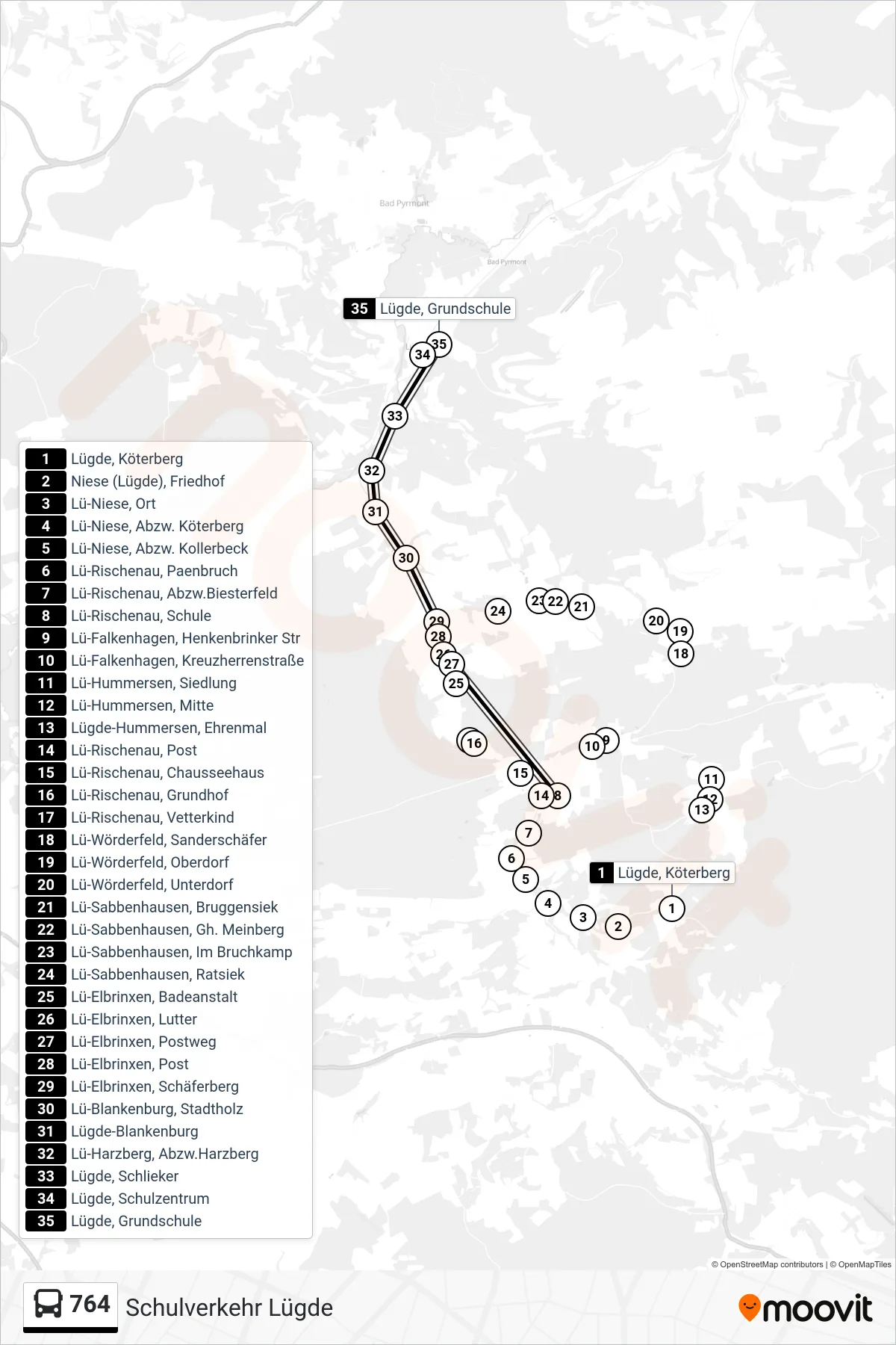 764 bus Line (Lügde) route and stops on a map