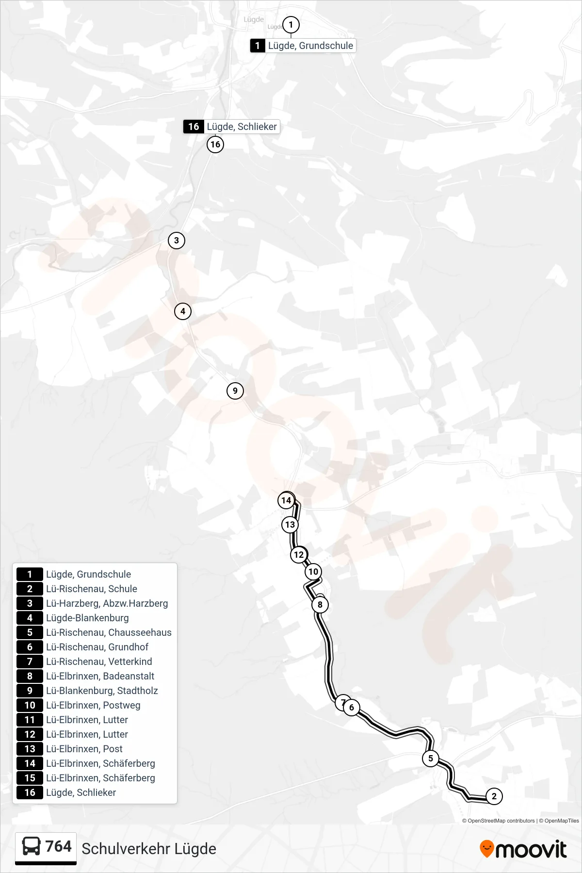 764 bus Line (Elbrinxen) route and stops on a map