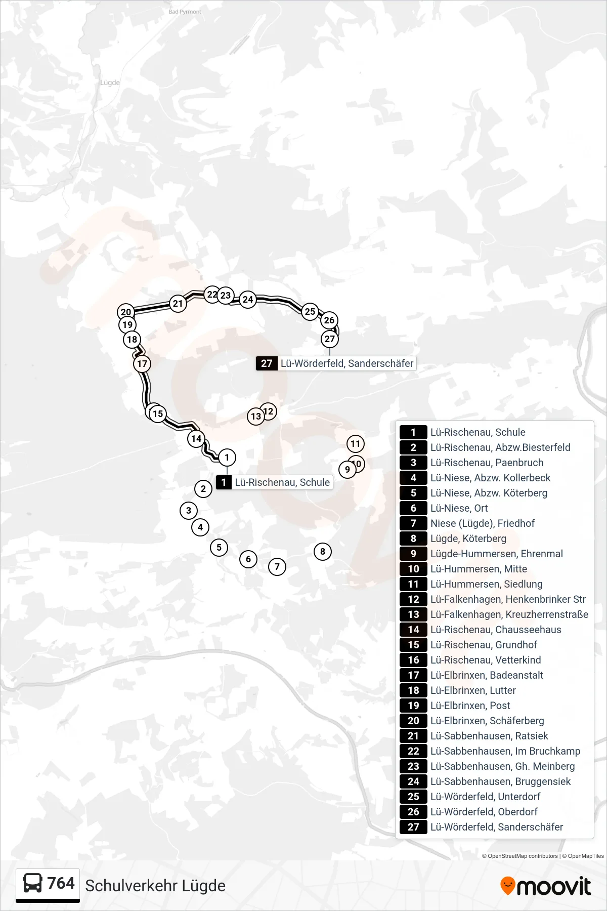 764 bus Line (Wörderfeld) route and stops on a map