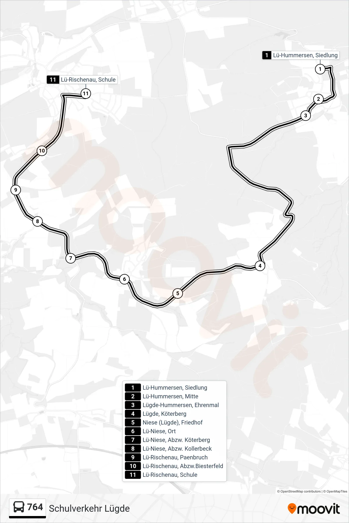 764 bus Line (Rischenau) route and stops on a map