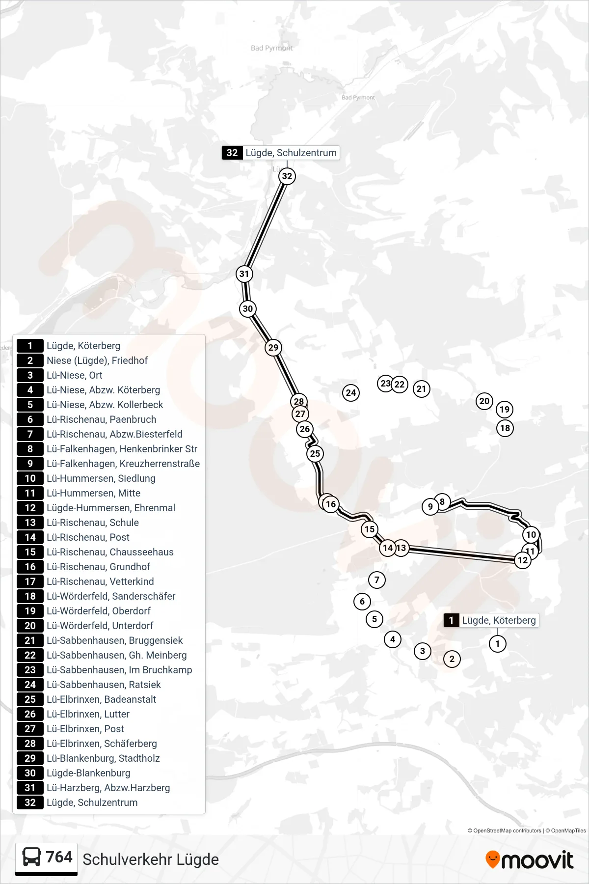 Linie 764 (Bus) Richtung Lügde, Schulzentrum: Route und Haltestellen auf der Karte