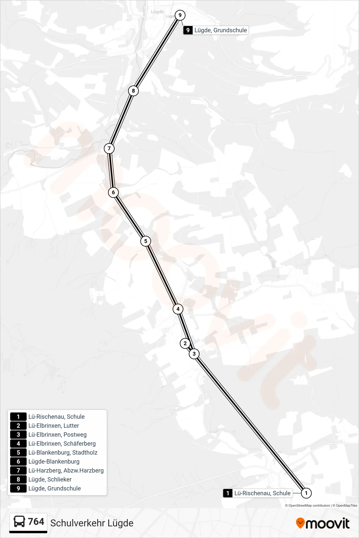 764 bus Line (Lügde, Grundschule) route and stops on a map