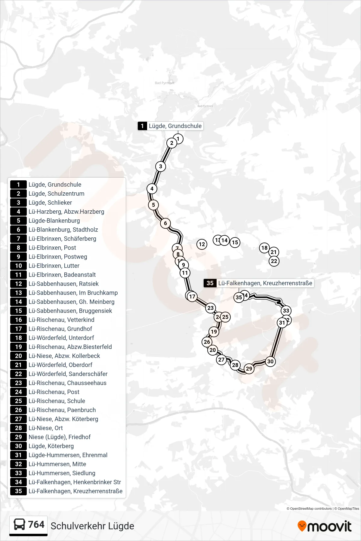 764 bus Line (Lü-Falkenhagen, Kreuzherrenstraße) route and stops on a map